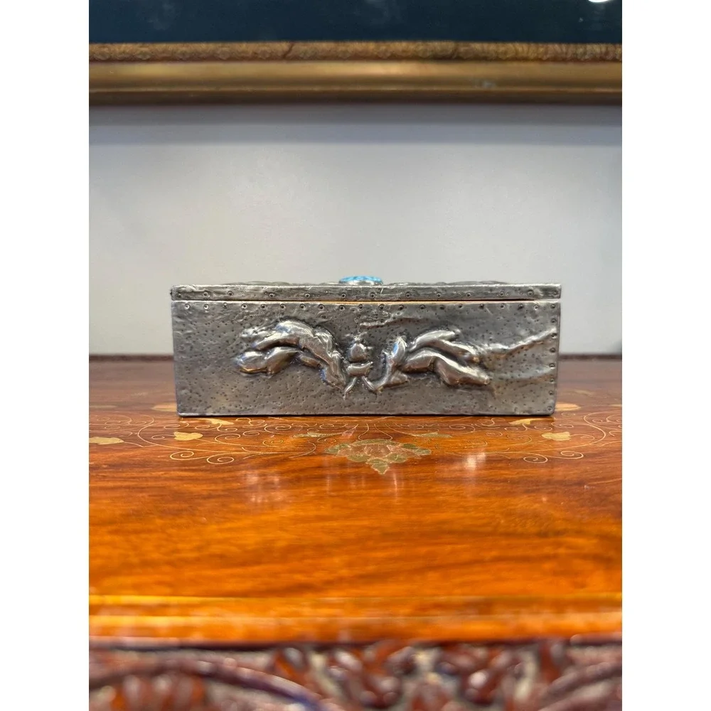 Antique‎ Art Nouveau Pewter Box • Repoussé Jewelry Casket w/ Blue Glass Cabochon